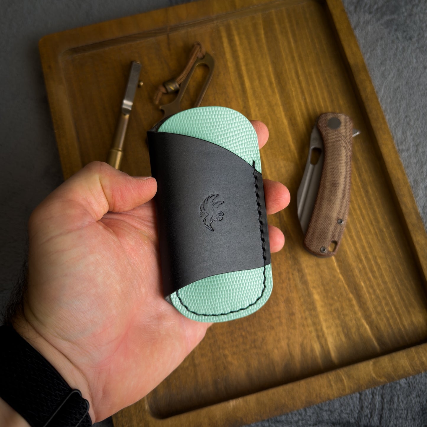 EDC Pocket Organizer for Knife, Pen & Prybar Tool - Black & Mint(Lizard Embossed)