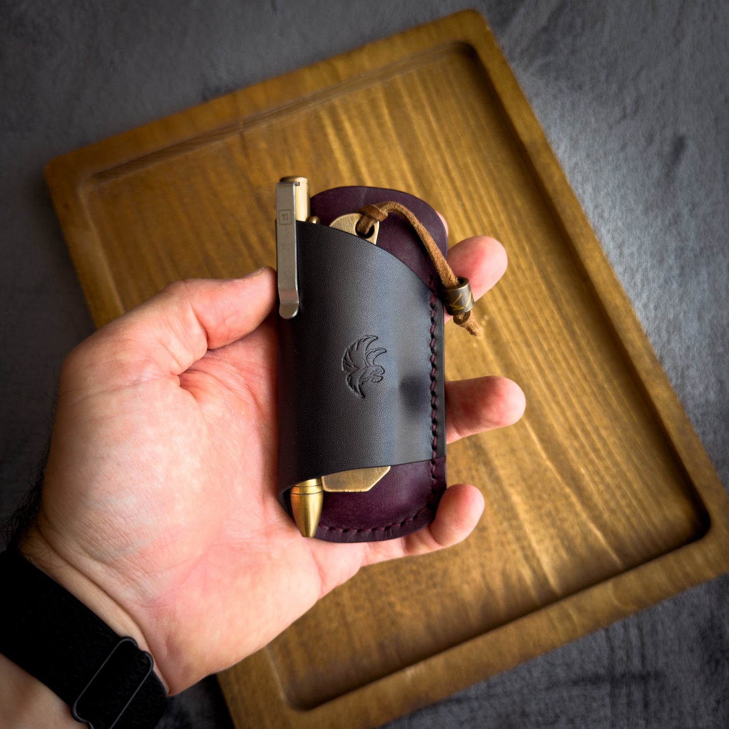 EDC Pocket Organizer for Knife, Pen & Prybar Tool - Black & Purple Pueblo Leather