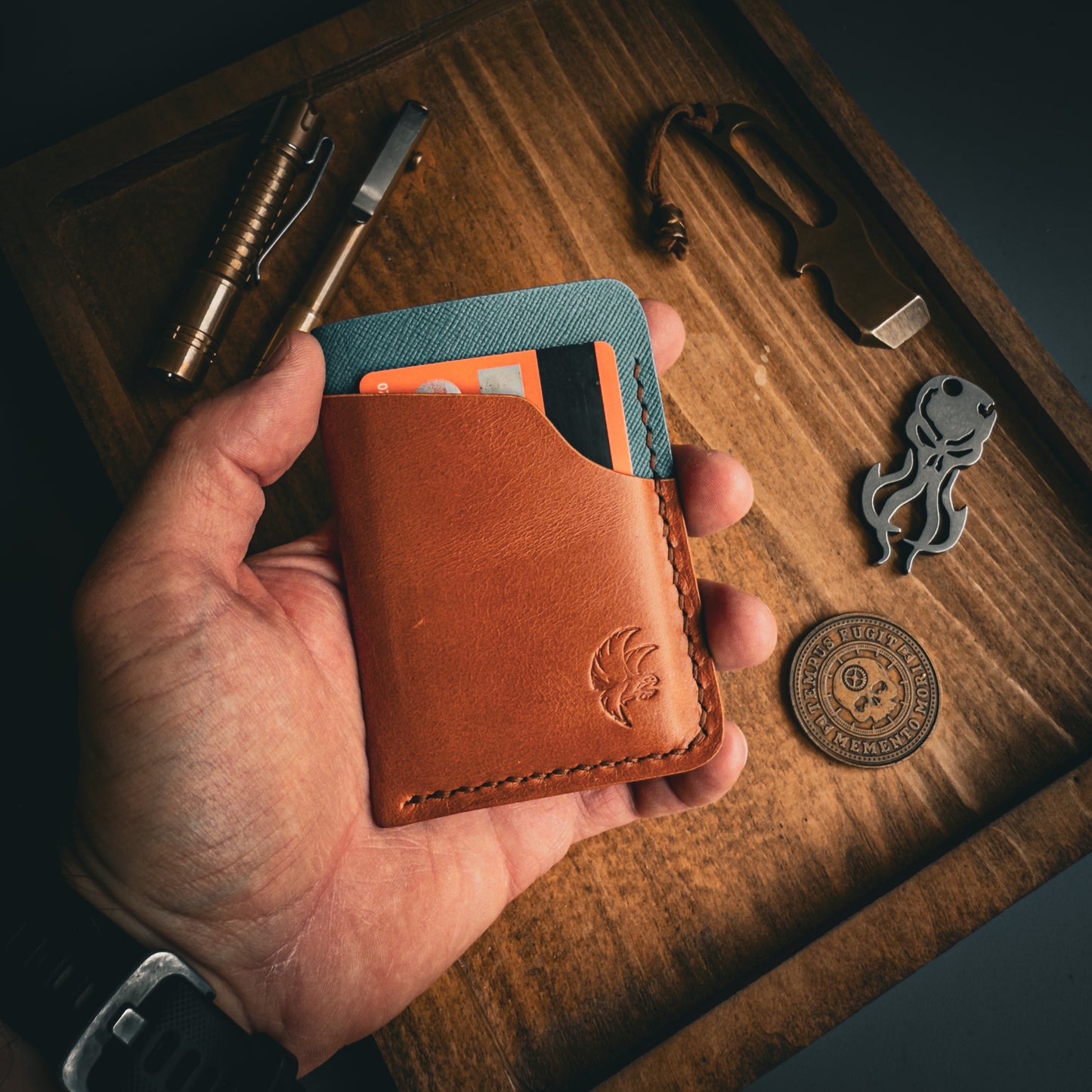Light Brown and Blue Leather Wallet