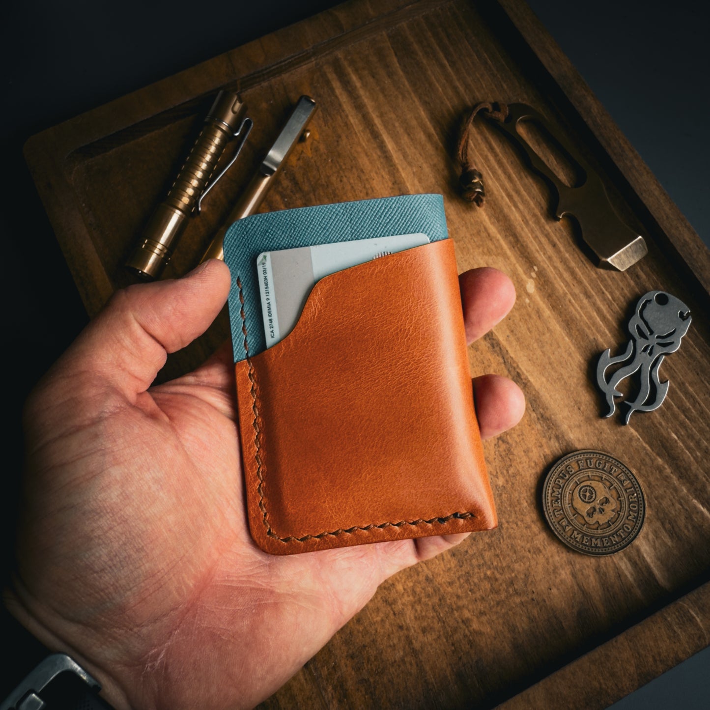 Light Brown and Blue Leather Wallet