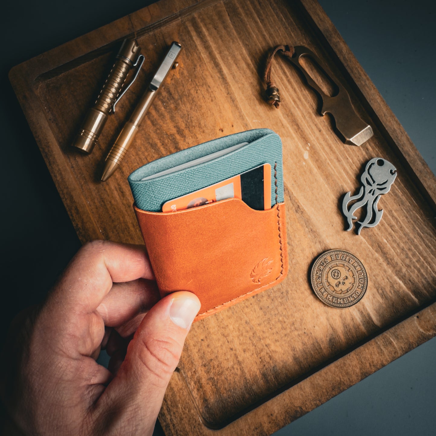 Light Brown and Blue Leather Wallet