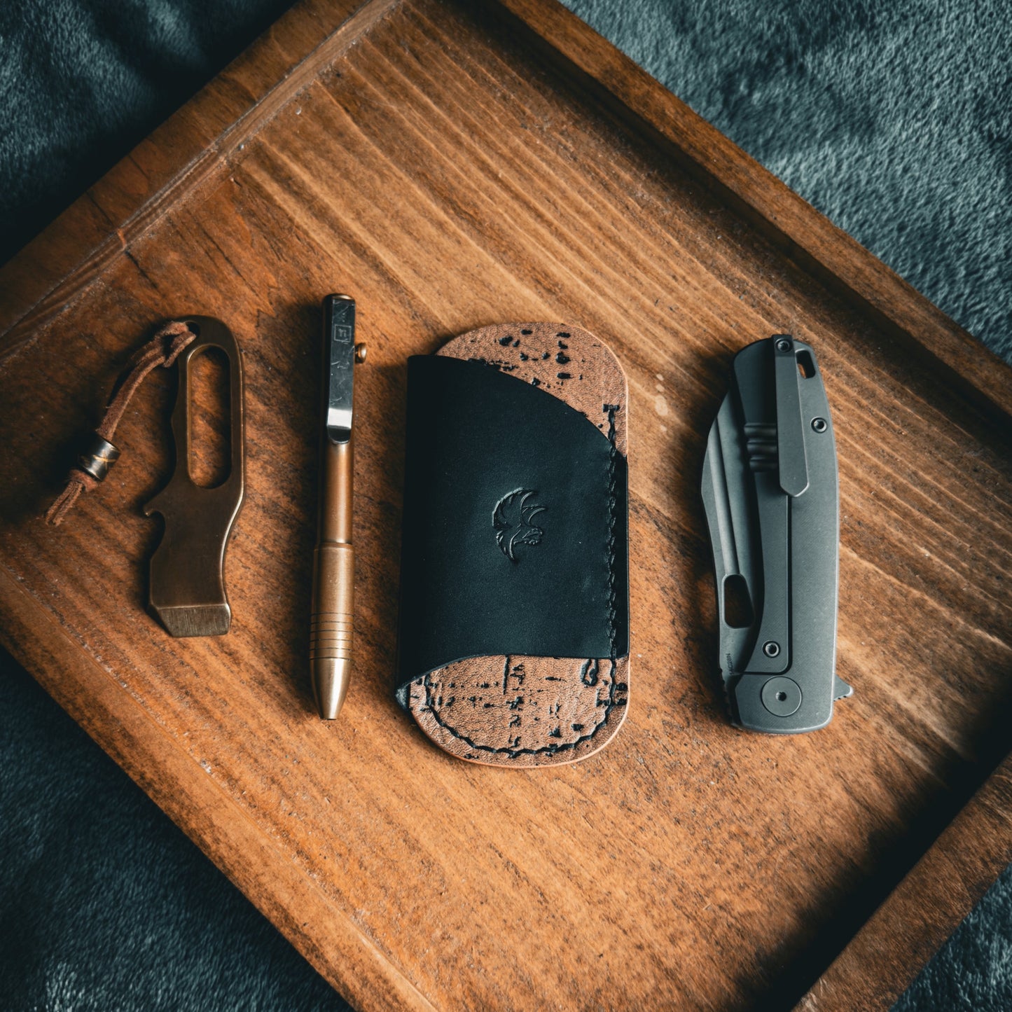 EDC Pocket Organizer for Knife, Pen & Prybar Tool - Black & Cork Taupe Leather