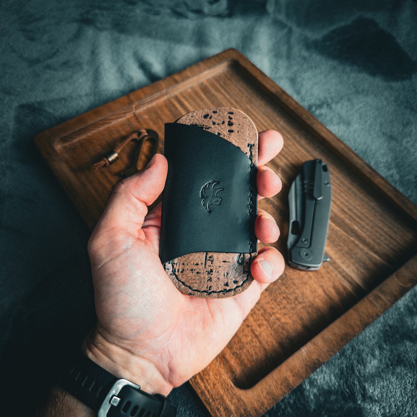 EDC Pocket Organizer for Knife, Pen & Prybar Tool - Black & Cork Taupe Leather