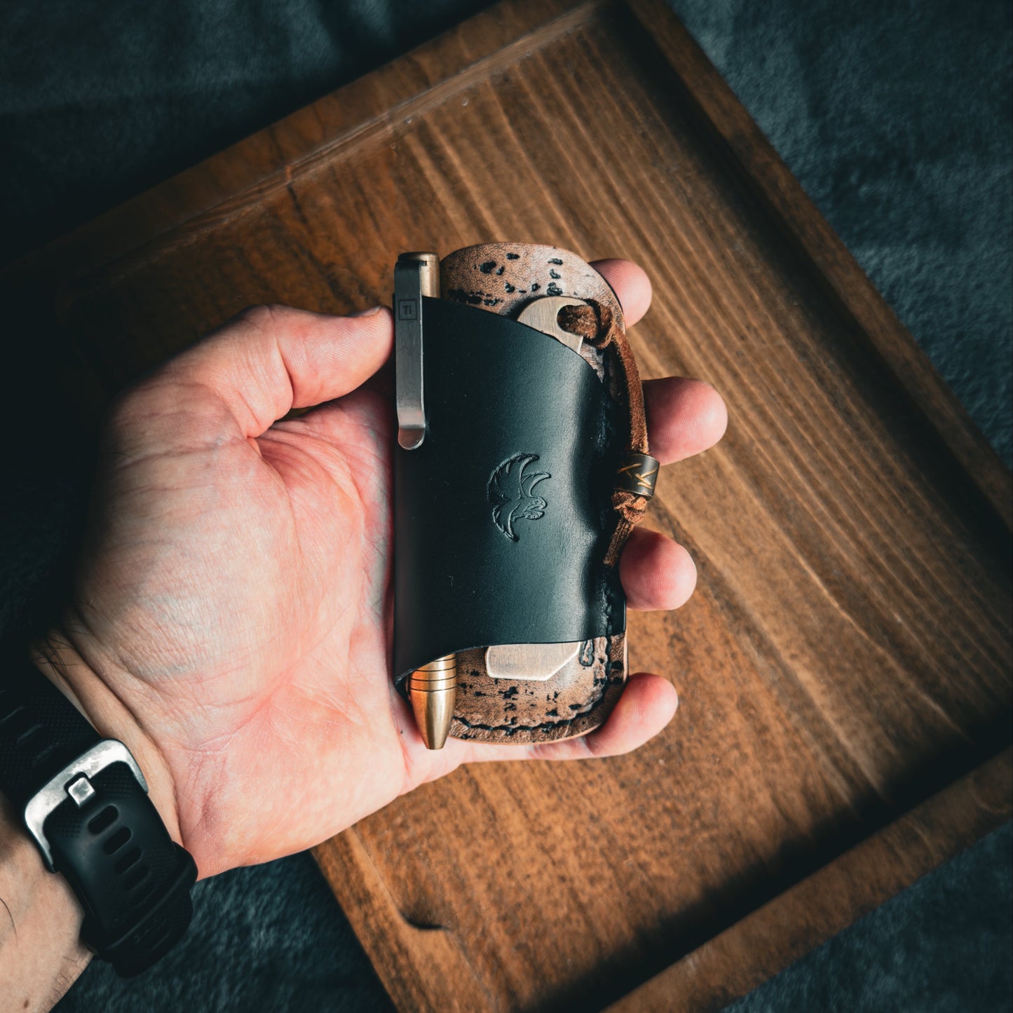 EDC Pocket Organizer for Knife, Pen & Prybar Tool - Black & Cork Taupe Leather