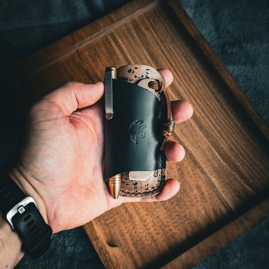 EDC Pocket Organizer for Knife, Pen & Prybar Tool - Black & Cork Taupe Leather