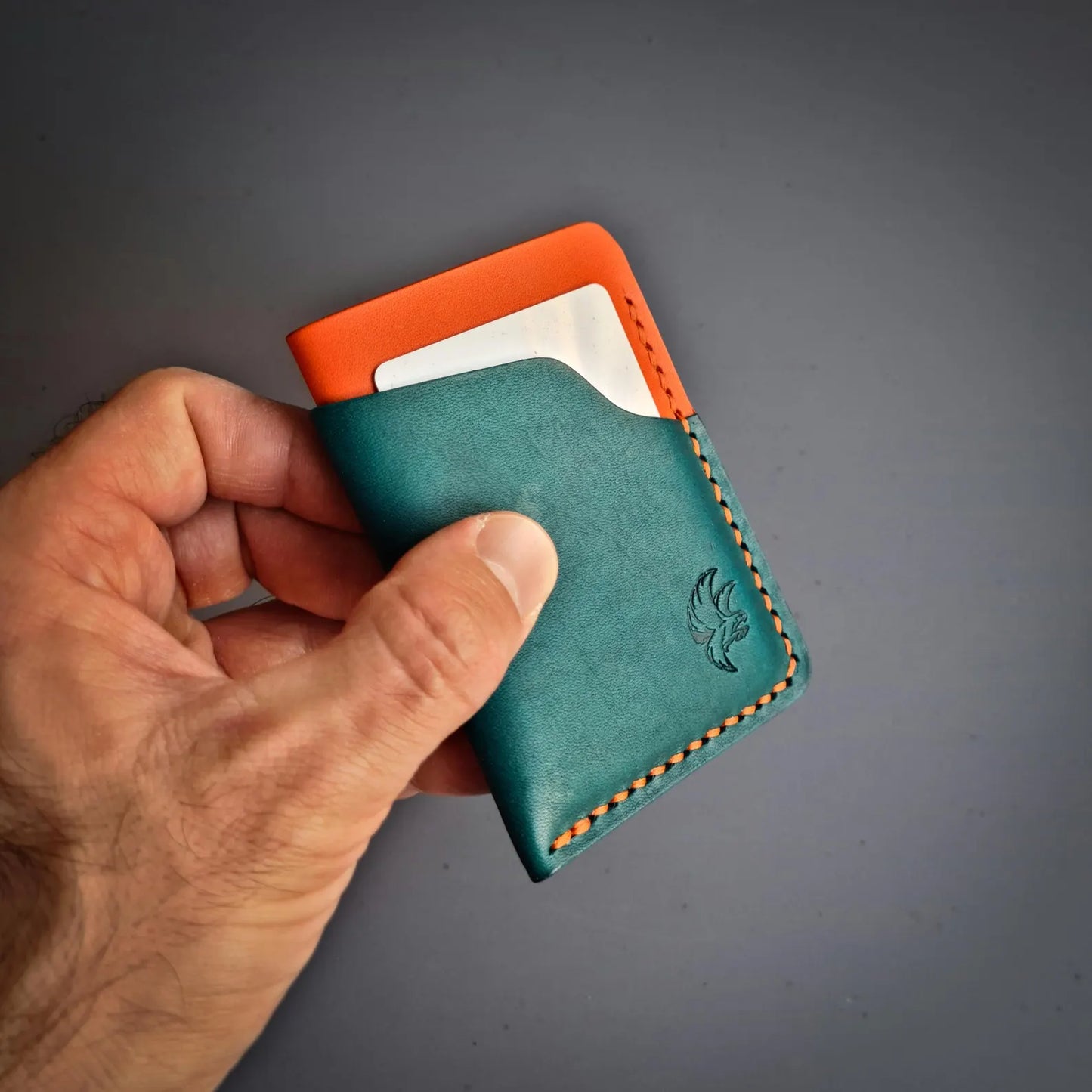 Dark Turquoise & Orange Leather Minimalist Wallet