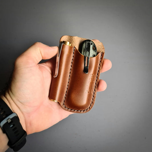 Leather Sheath for a Flashlight and a Folding Knife with a Belt Loop