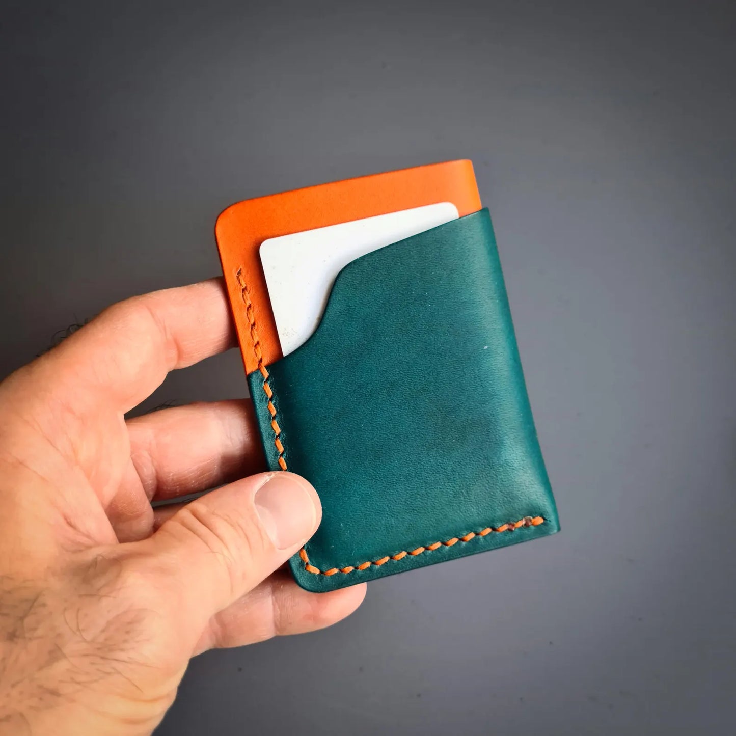 Dark Turquoise & Orange Leather Minimalist Wallet