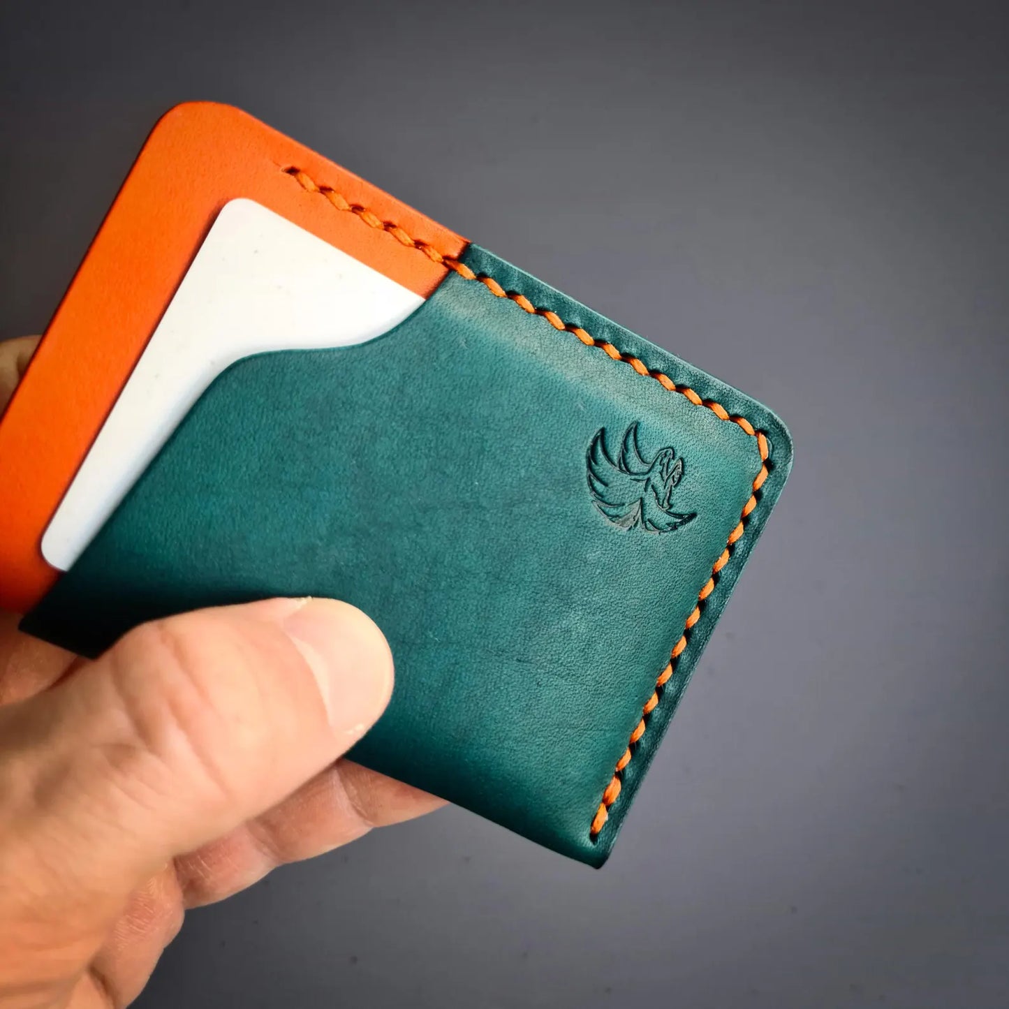 Dark Turquoise & Orange Leather Minimalist Wallet
