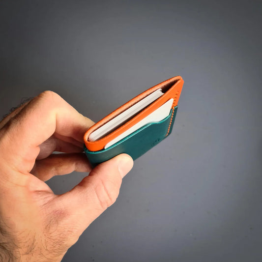 Dark Turquoise & Orange Leather Minimalist Wallet