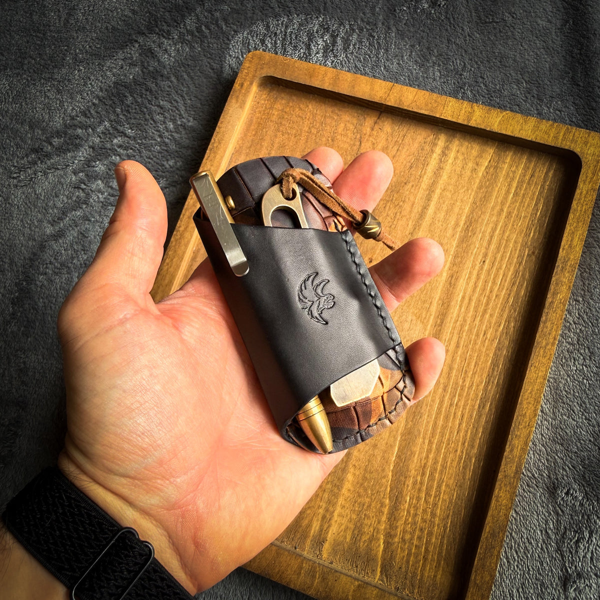 Black & Camouflage Crocco Embossed Leather EDC Pocket Organizer (Knife, Pen & Pry Bar)