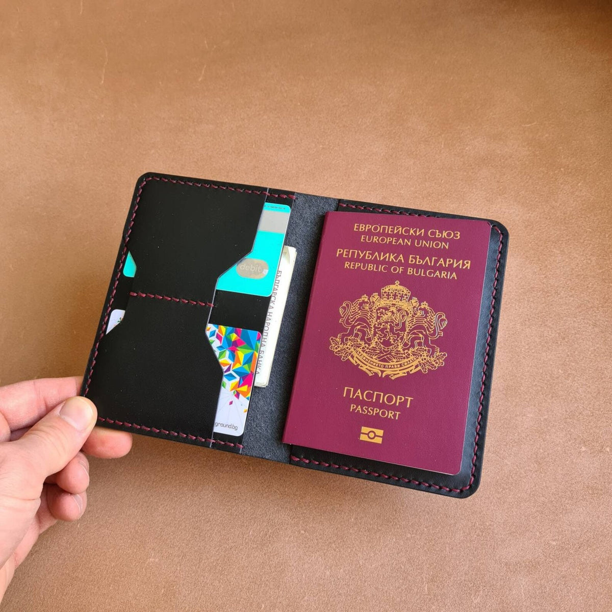 Leather passport wallet with card compartments