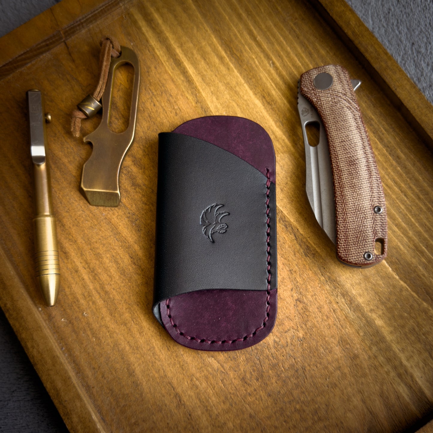 EDC Pocket Organizer for Knife, Pen & Prybar Tool - Black & Purple Pueblo Leather