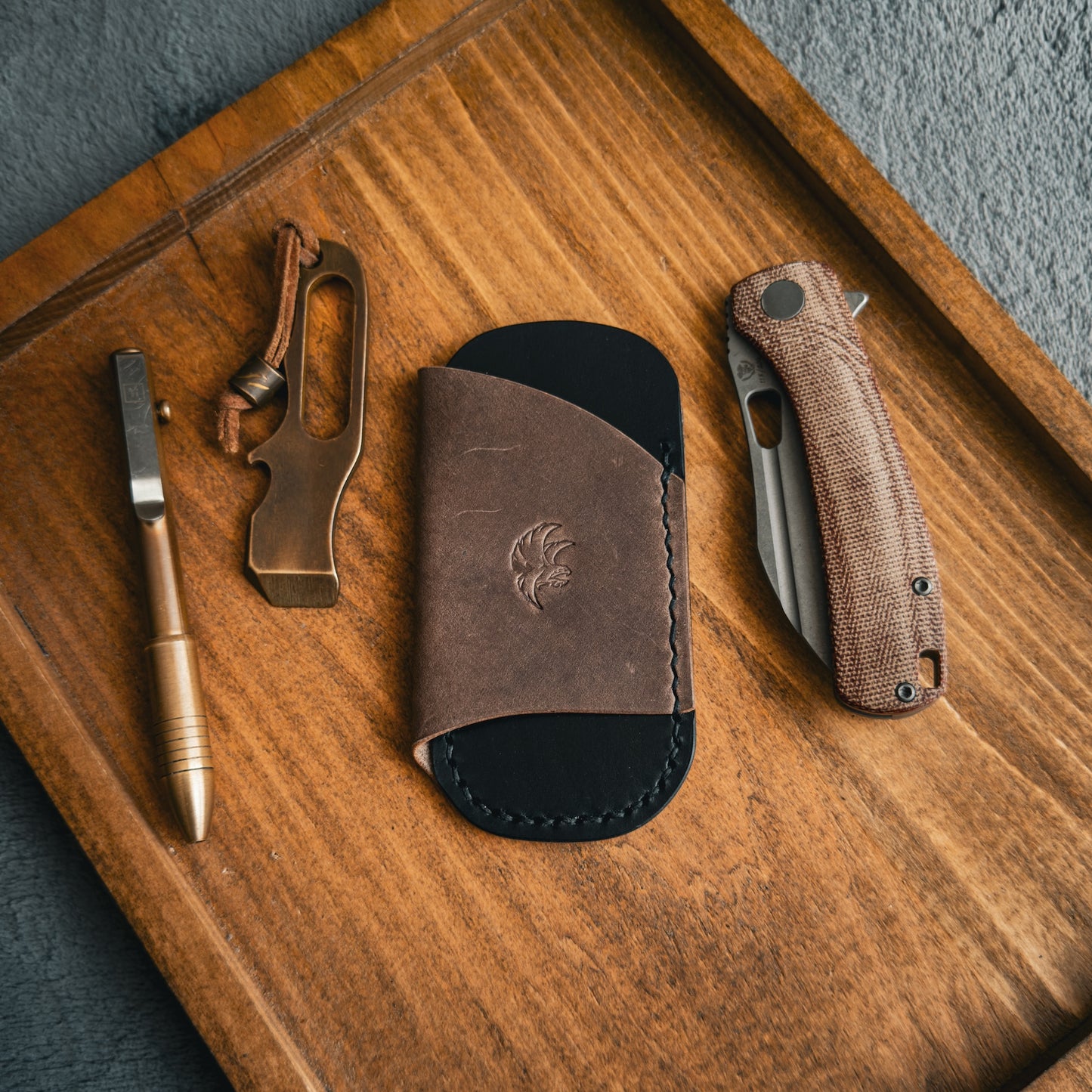 EDC Pocket Organizer for Knife, Pen & Prybar Tool - Black & Grey Leather