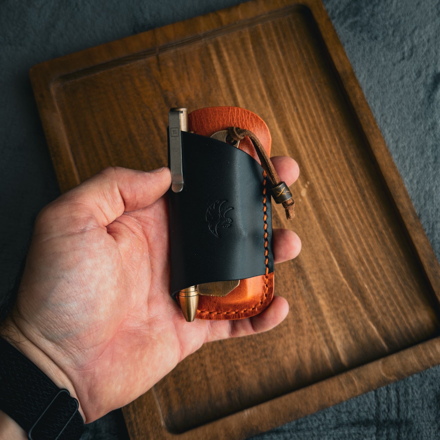 EDC Pocket Organizer for Knife, Pen & Prybar Tool - Black & Orange