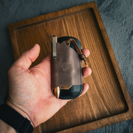 EDC Pocket Organizer for Knife, Pen & Prybar Tool - Black & Grey Leather