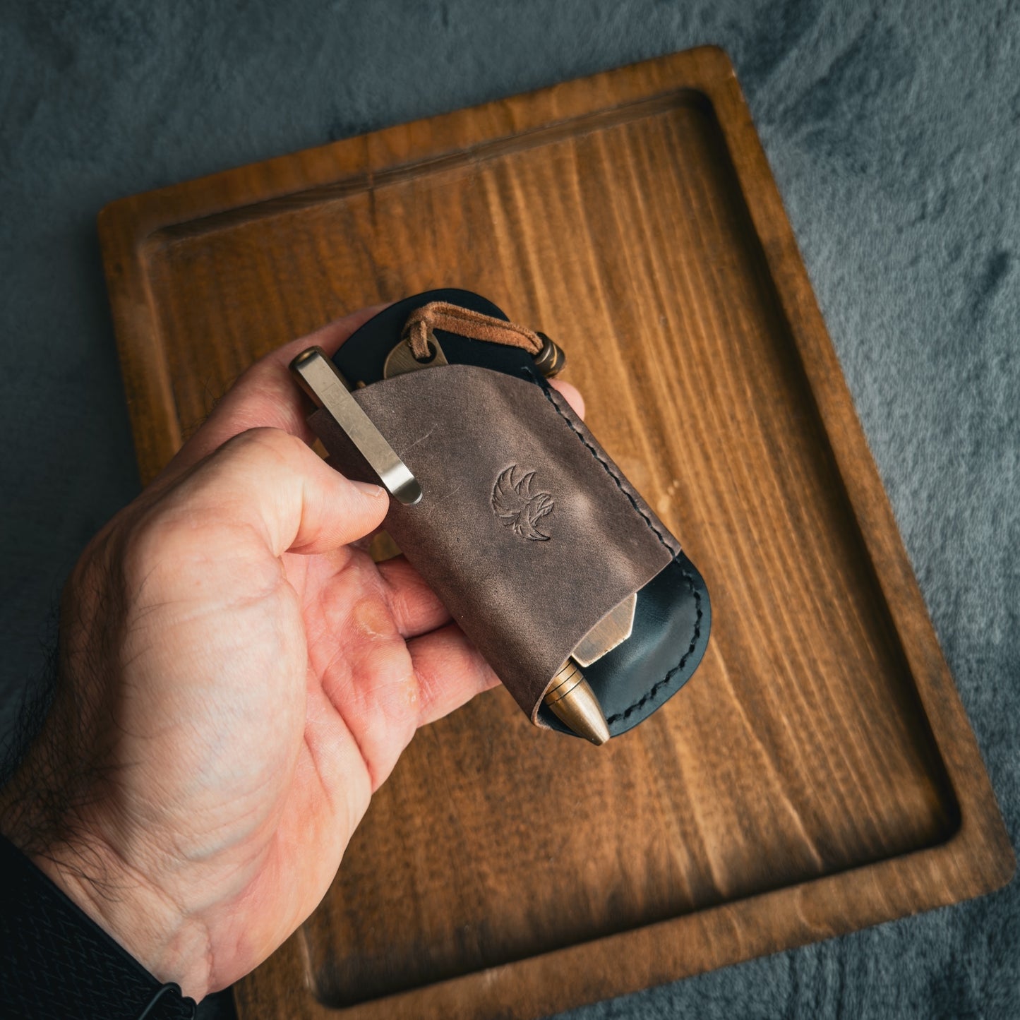 EDC Pocket Organizer for Knife, Pen & Prybar Tool - Black & Grey Leather
