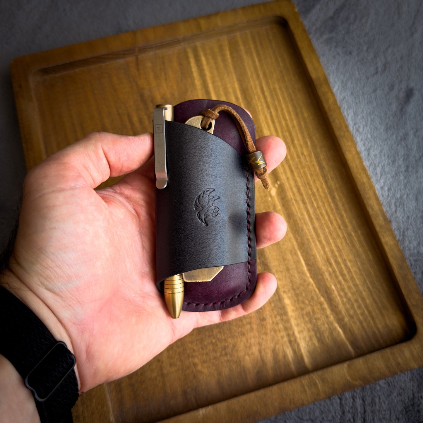 EDC Pocket Organizer for Knife, Pen & Prybar Tool - Black & Purple Pueblo Leather