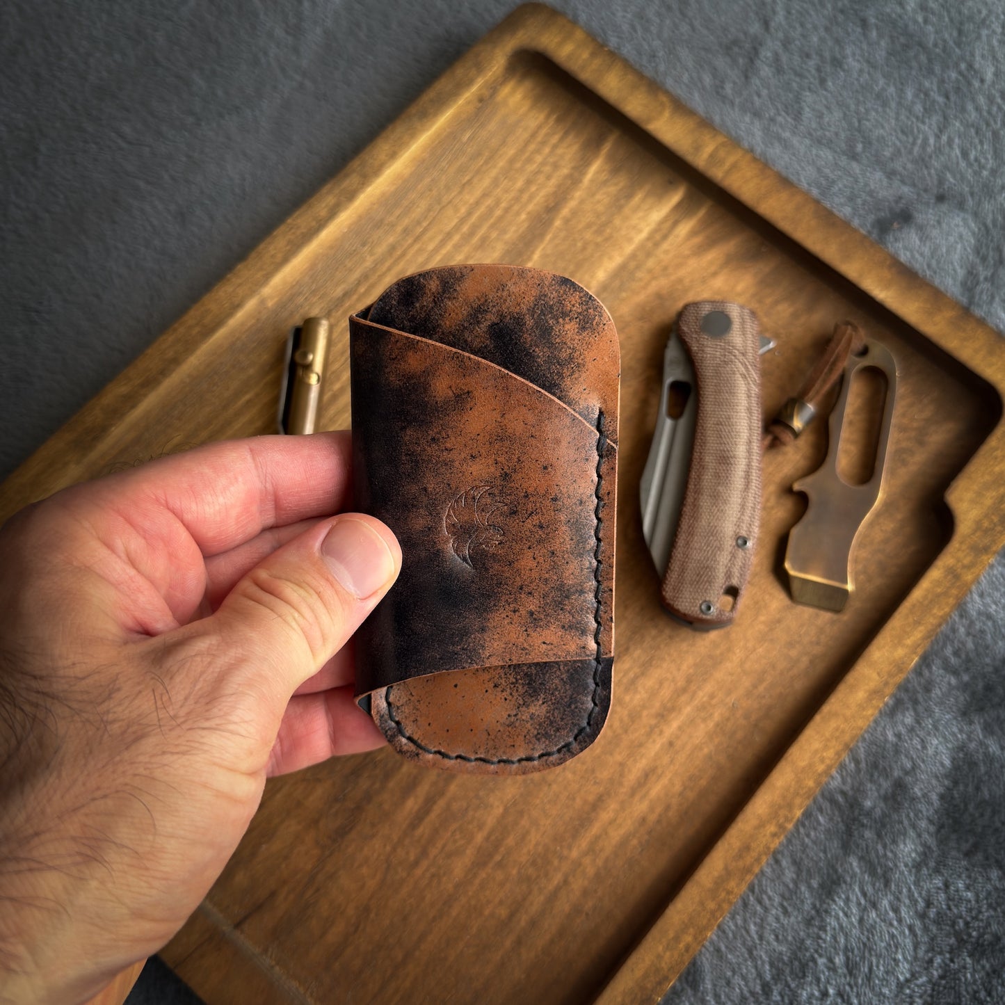 EDC Pocket Organizer for Knife, Pen & Prybar Tool - Black Marbled Shell Cordovan