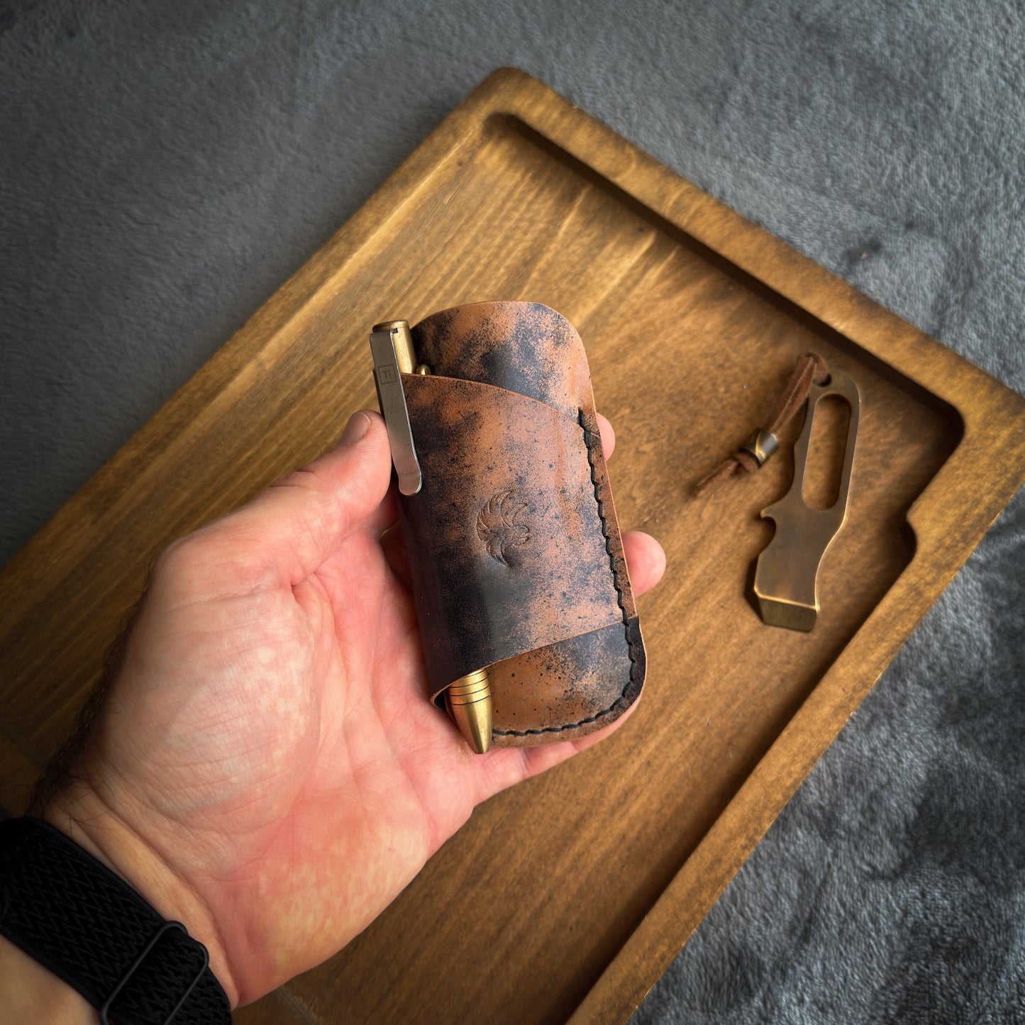 EDC Pocket Organizer for Knife, Pen & Prybar Tool - Black Marbled Shell Cordovan