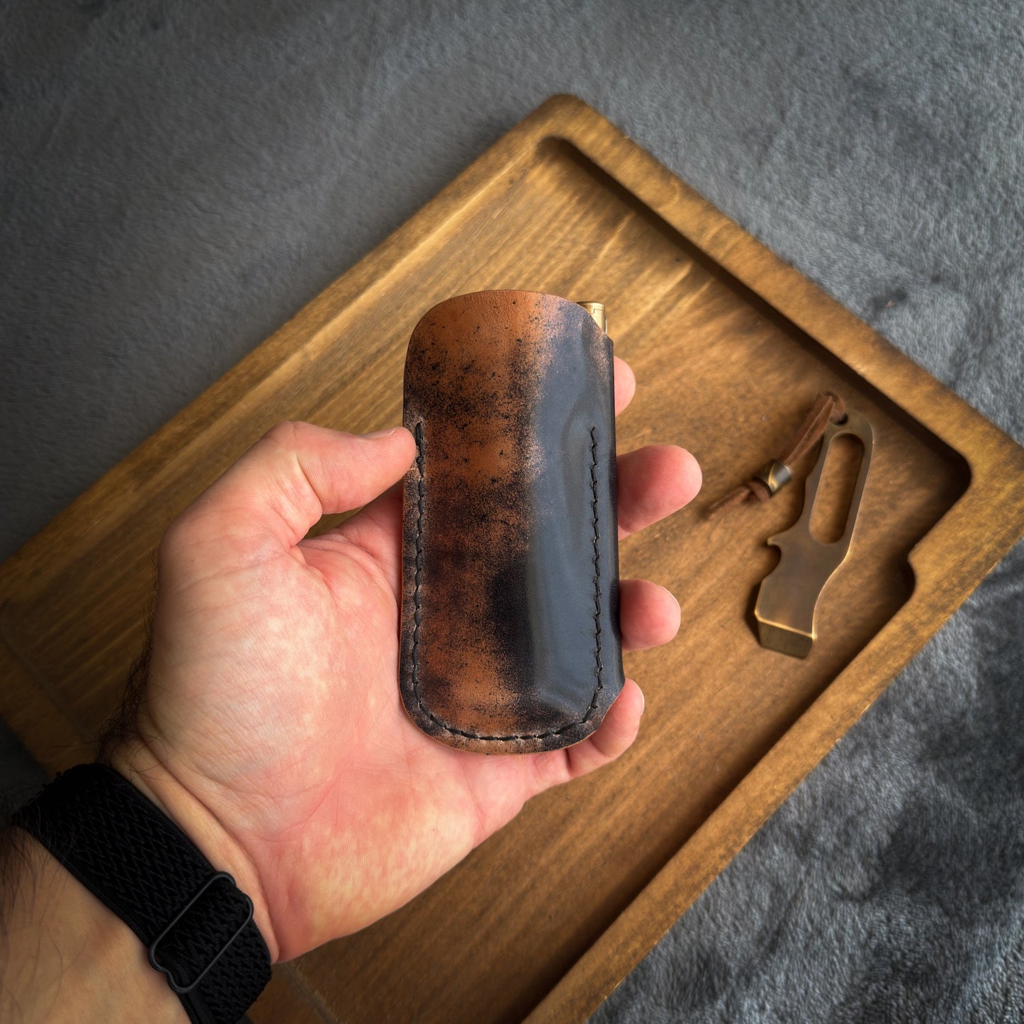 EDC Pocket Organizer for Knife, Pen & Prybar Tool - Black Marbled Shell Cordovan