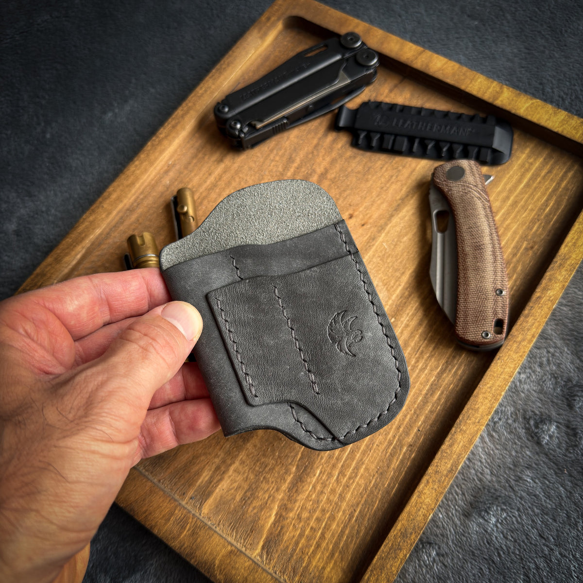Gray Leather EDC Pocket Organizer | Handmade Full Grain Leather Knife, Pen & Flashlight Holder