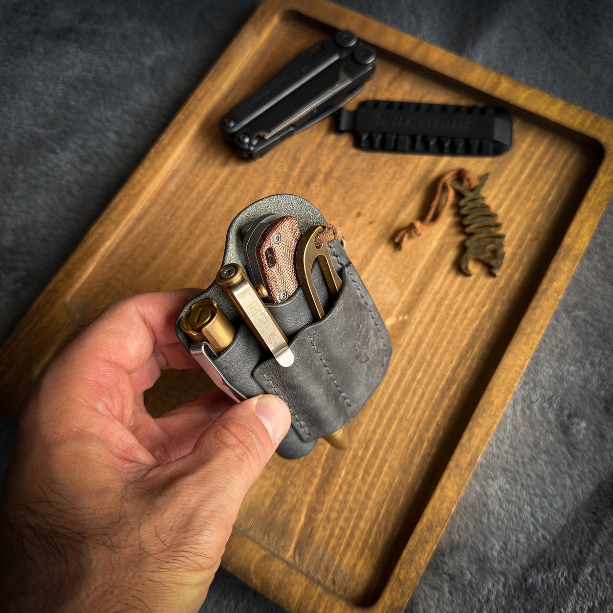 Gray Leather EDC Pocket Organizer | Handmade Full Grain Leather Knife, Pen & Flashlight Holder