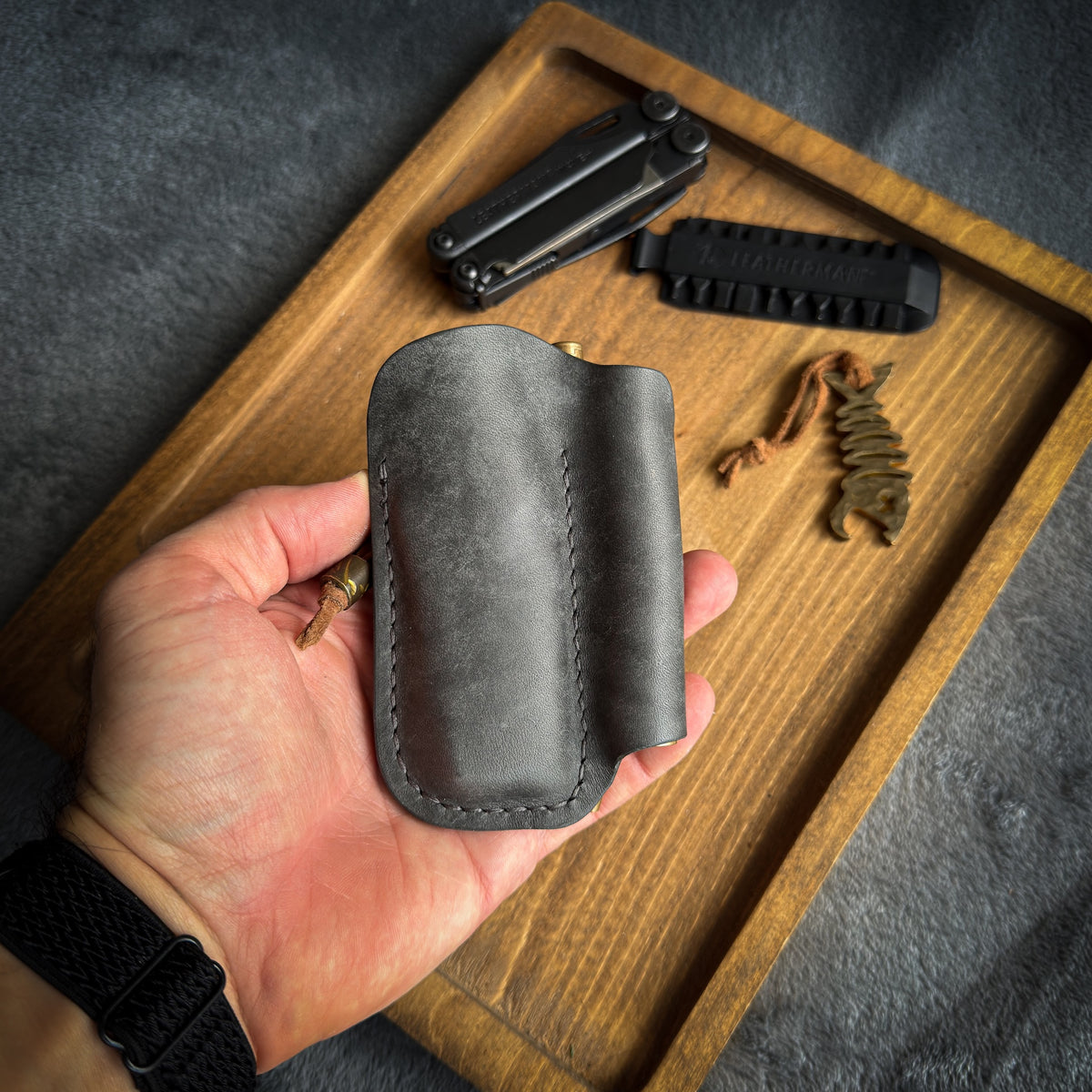 Gray Leather EDC Pocket Organizer | Handmade Full Grain Leather Knife, Pen & Flashlight Holder