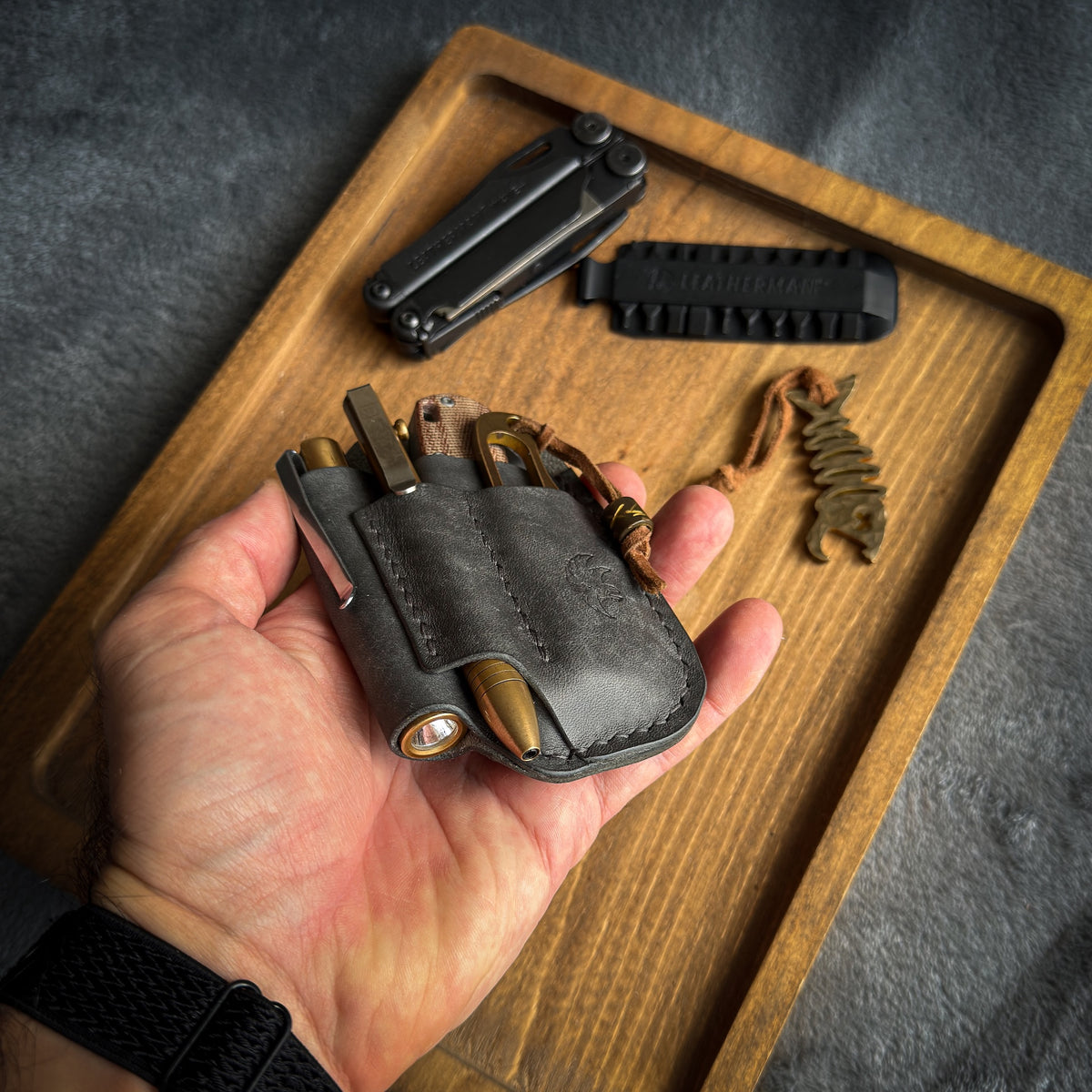 Gray Leather EDC Pocket Organizer | Handmade Full Grain Leather Knife, Pen & Flashlight Holder