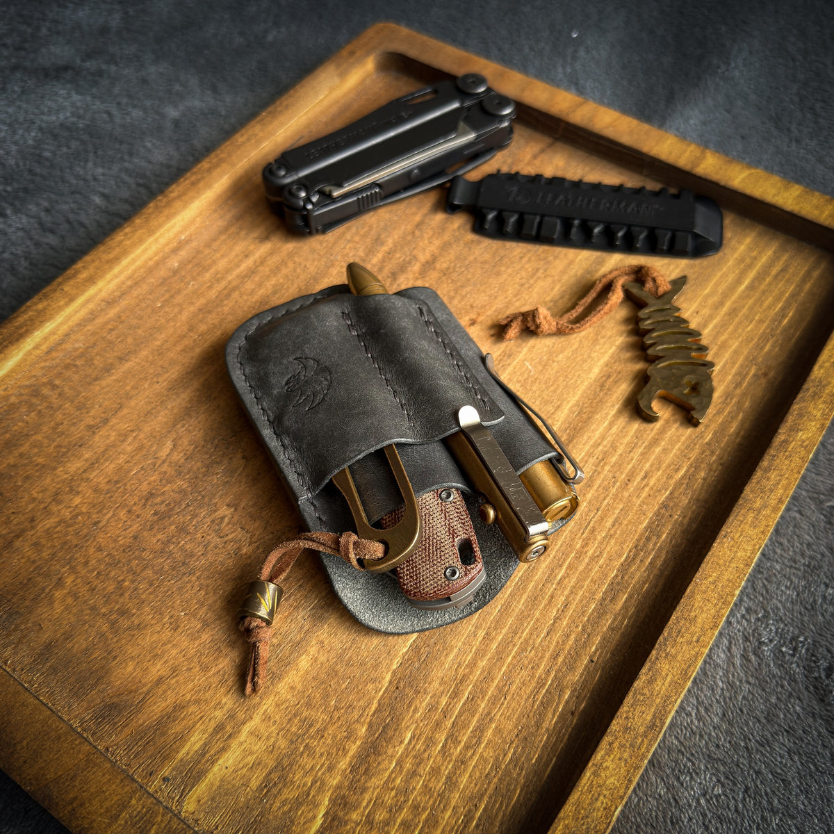 Gray Leather EDC Pocket Organizer | Handmade Full Grain Leather Knife, Pen & Flashlight Holder