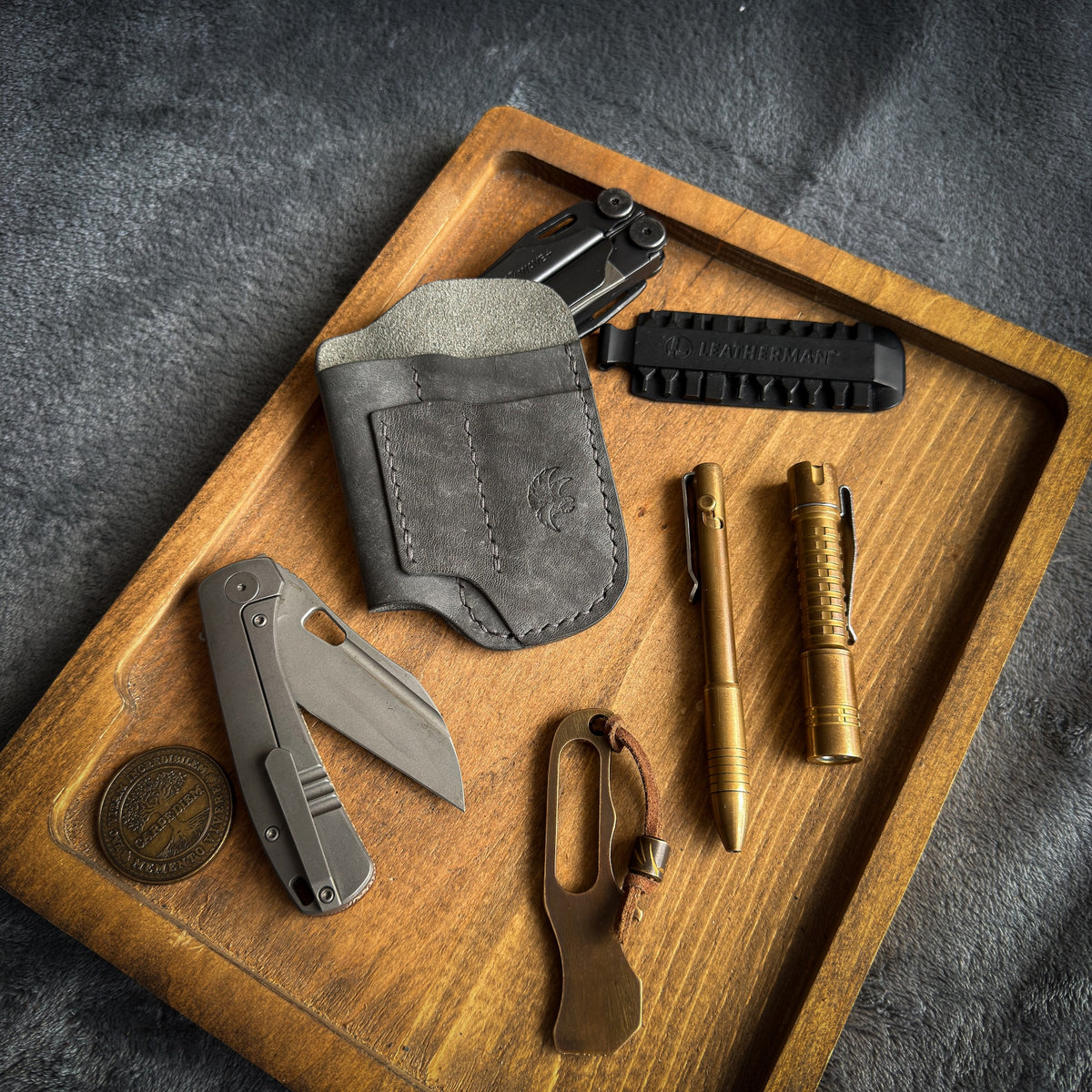 Gray Leather EDC Pocket Organizer | Handmade Full Grain Leather Knife, Pen & Flashlight Holder