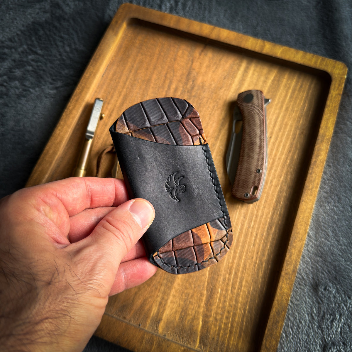 Black & Camouflage Crocco Embossed Leather EDC Pocket Organizer (Knife, Pen & Pry Bar)