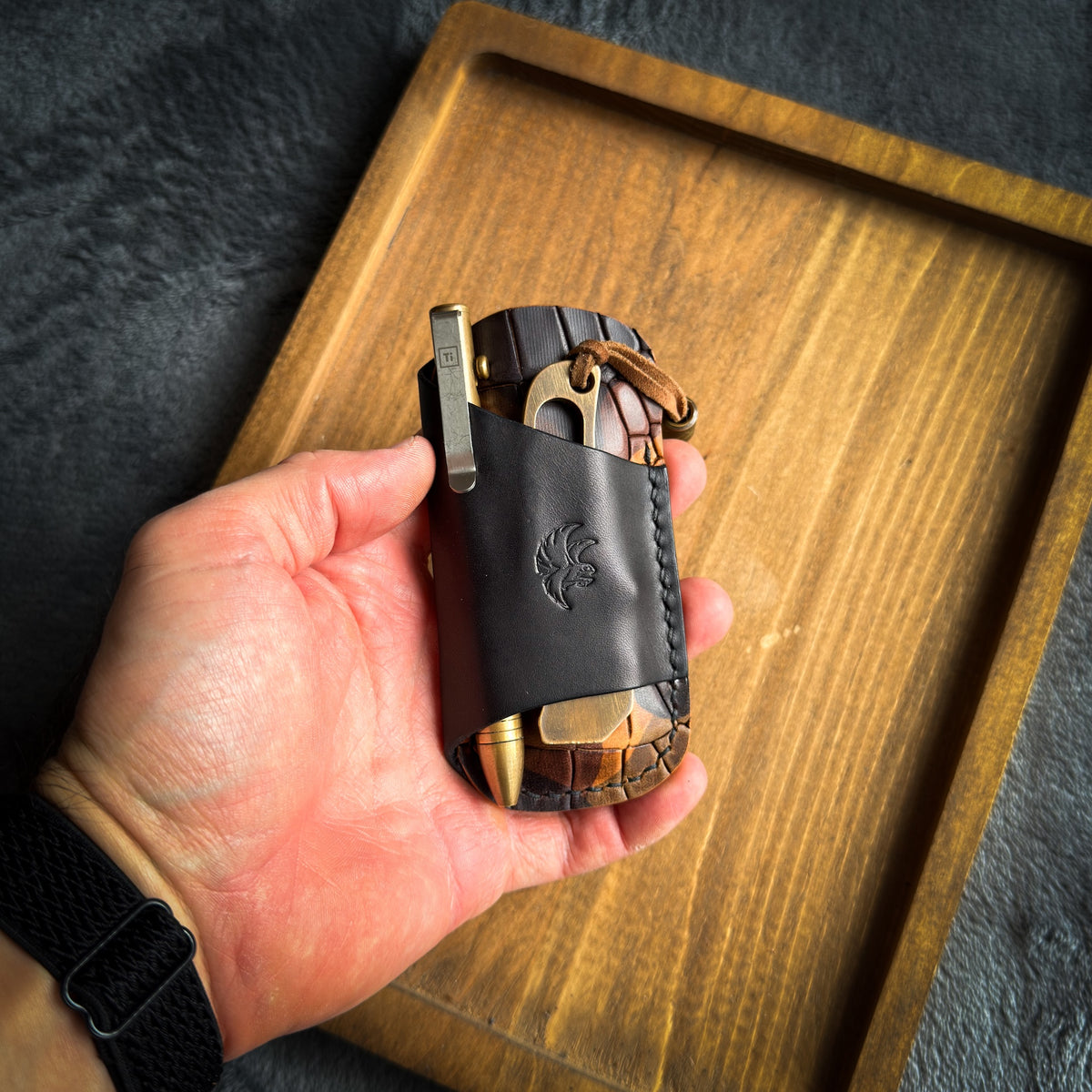 Black & Camouflage Crocco Embossed Leather EDC Pocket Organizer (Knife, Pen & Pry Bar)