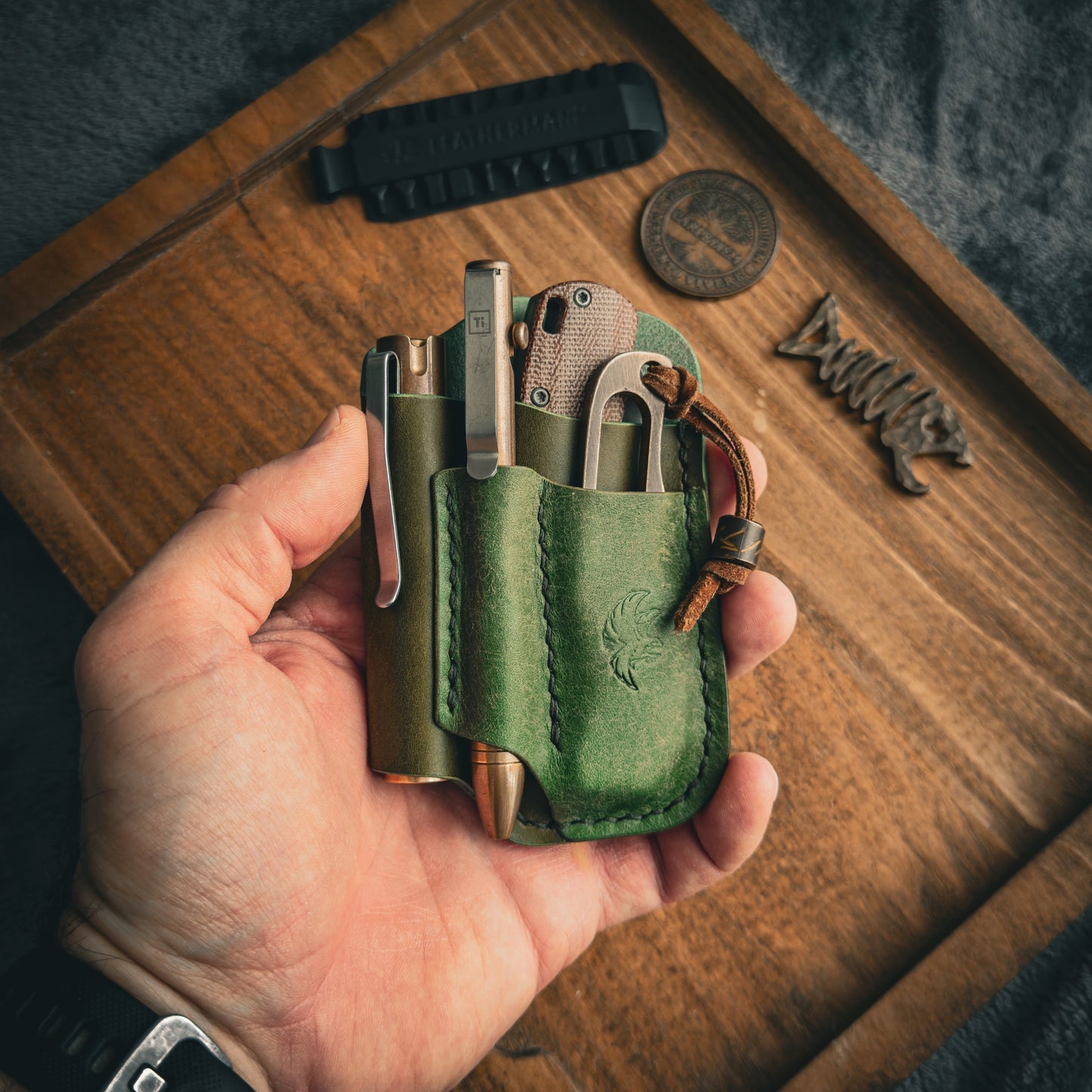 Two-Tone Olive Green Leather Edc Pocket Organizer