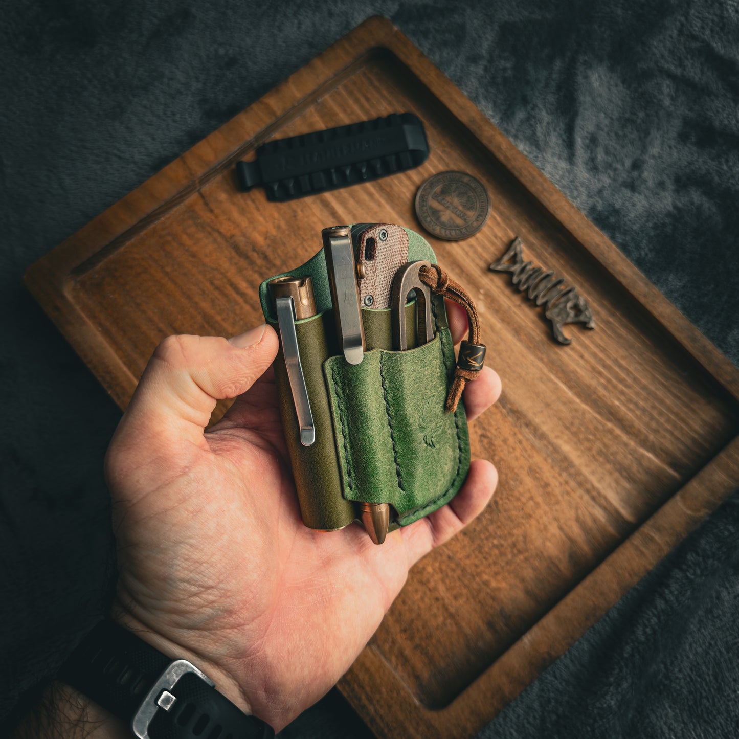 Two-Tone Olive Green Leather Edc Pocket Organizer