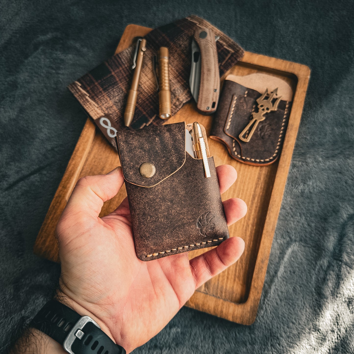Handmade Edc Brown Leather Wallet With a Snap Button Closure