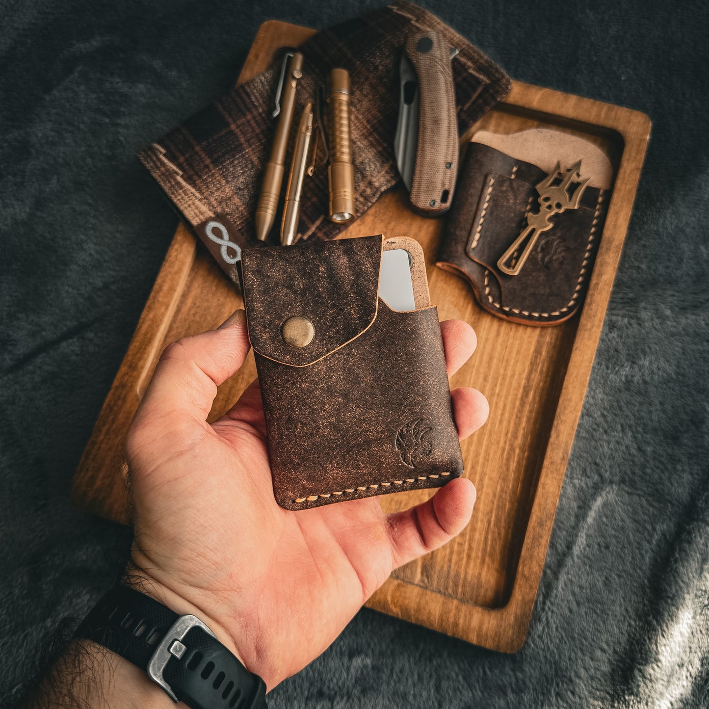 Handmade Edc Brown Leather Wallet With a Snap Button Closure