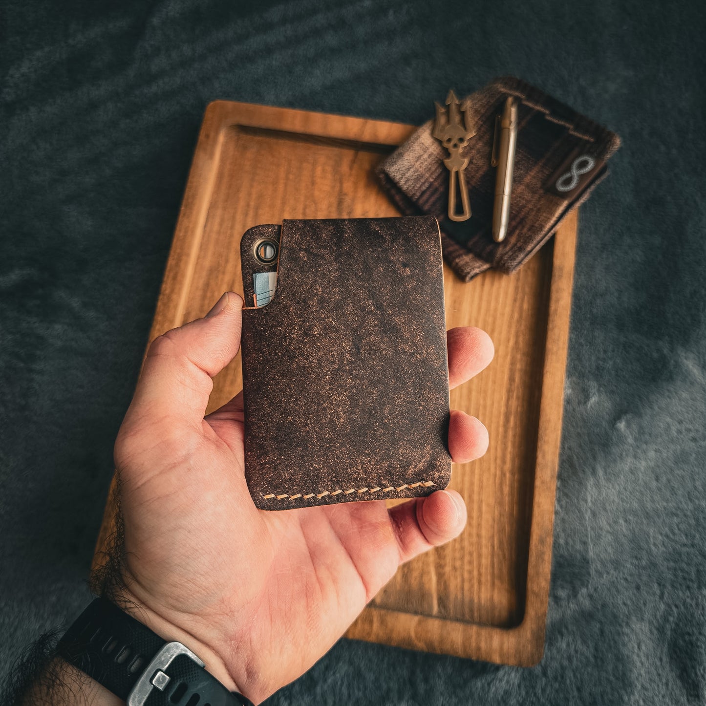 Handmade Edc Brown Leather Wallet With a Snap Button Closure
