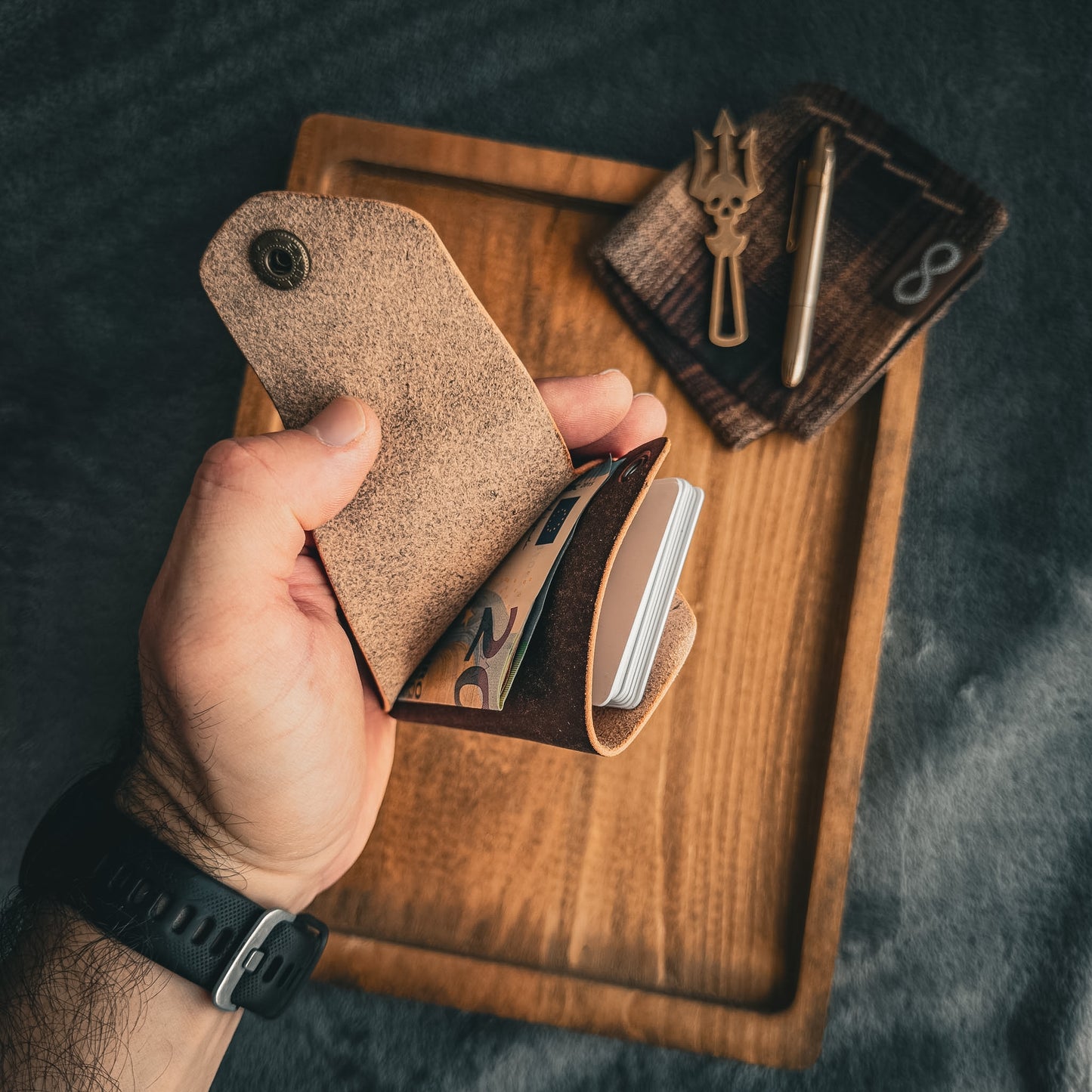 Handmade Edc Brown Leather Wallet With a Snap Button Closure