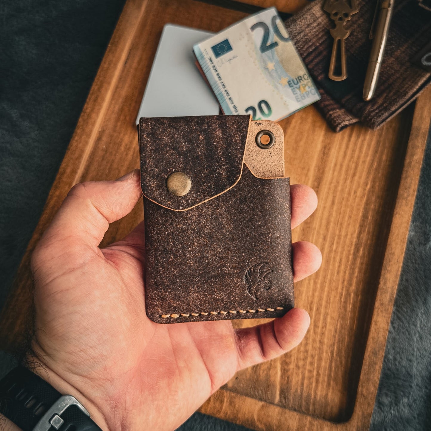 Handmade Edc Brown Leather Wallet With a Snap Button Closure