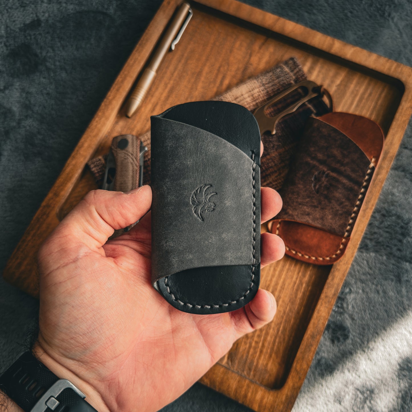 EDC Pocket Organizer for Knife, Pen & Prybar Tool - Dark Grey & Black Leather