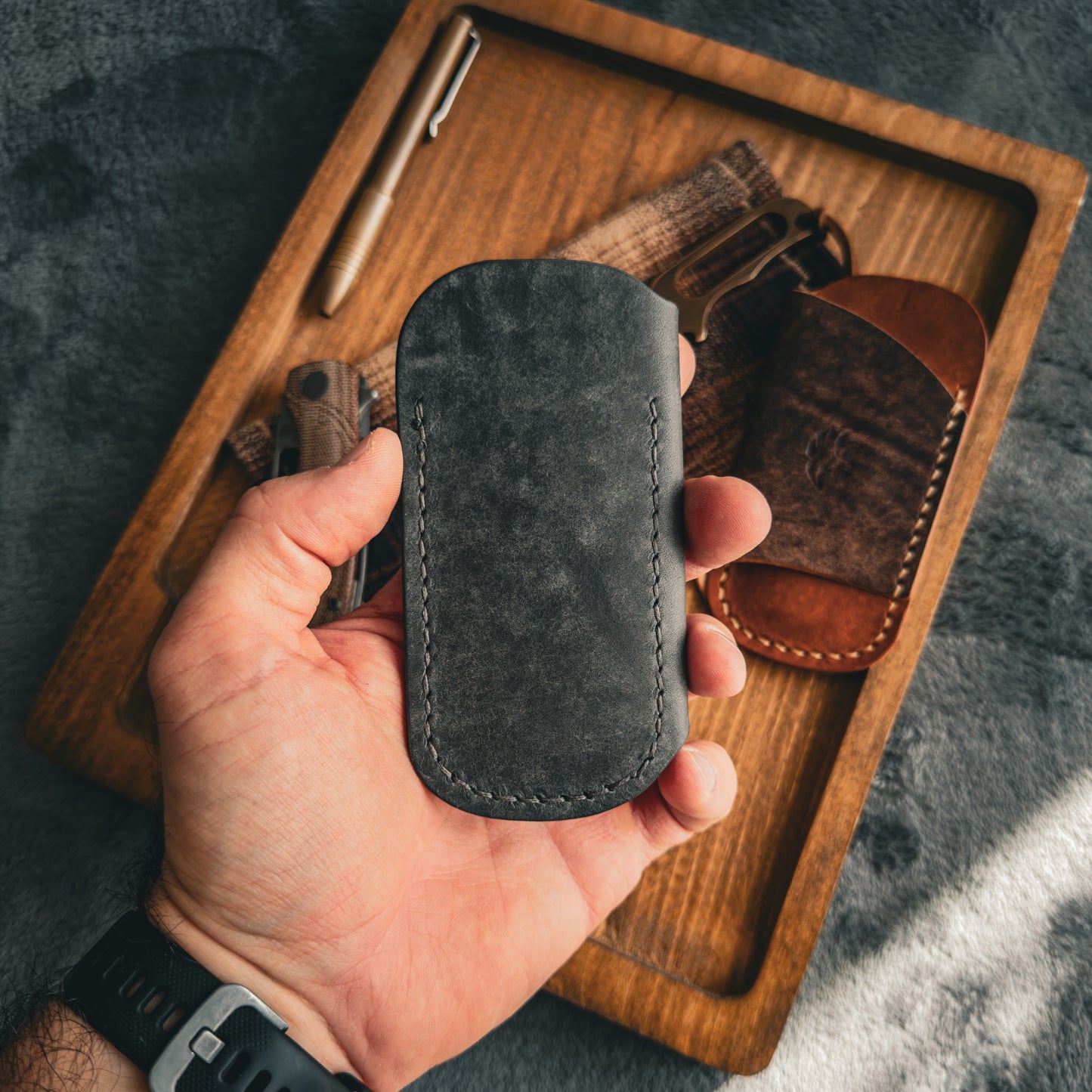EDC Pocket Organizer for Knife, Pen & Prybar Tool - Dark Grey & Black Leather