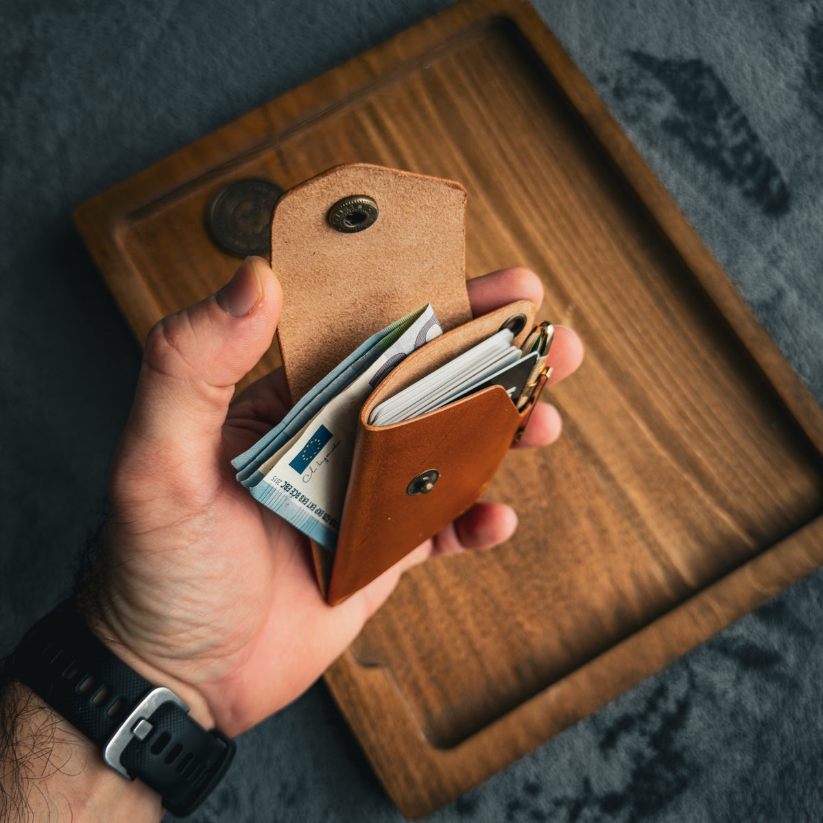 Leather EDC Wallet with Snap Closure | Handmade Full Grain Leather Wallet