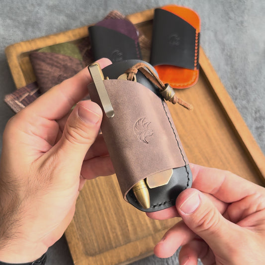 EDC Pocket Organizer for Knife, Pen & Prybar Tool - Black & Grey Leather