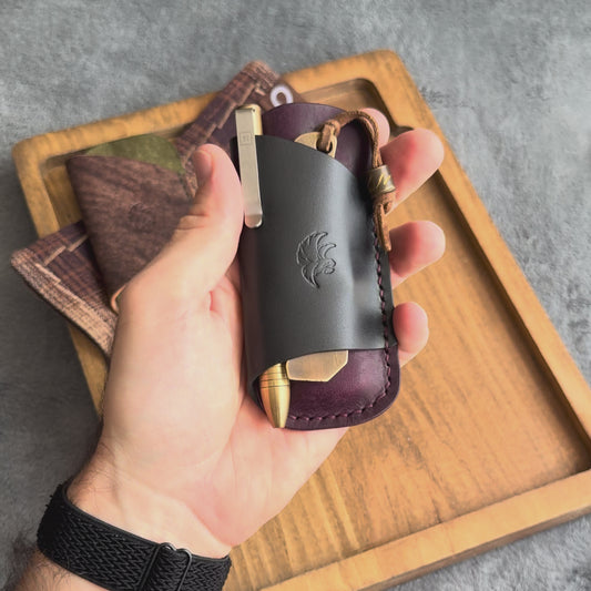 EDC Pocket Organizer for Knife, Pen & Prybar Tool - Black & Purple Pueblo Leather